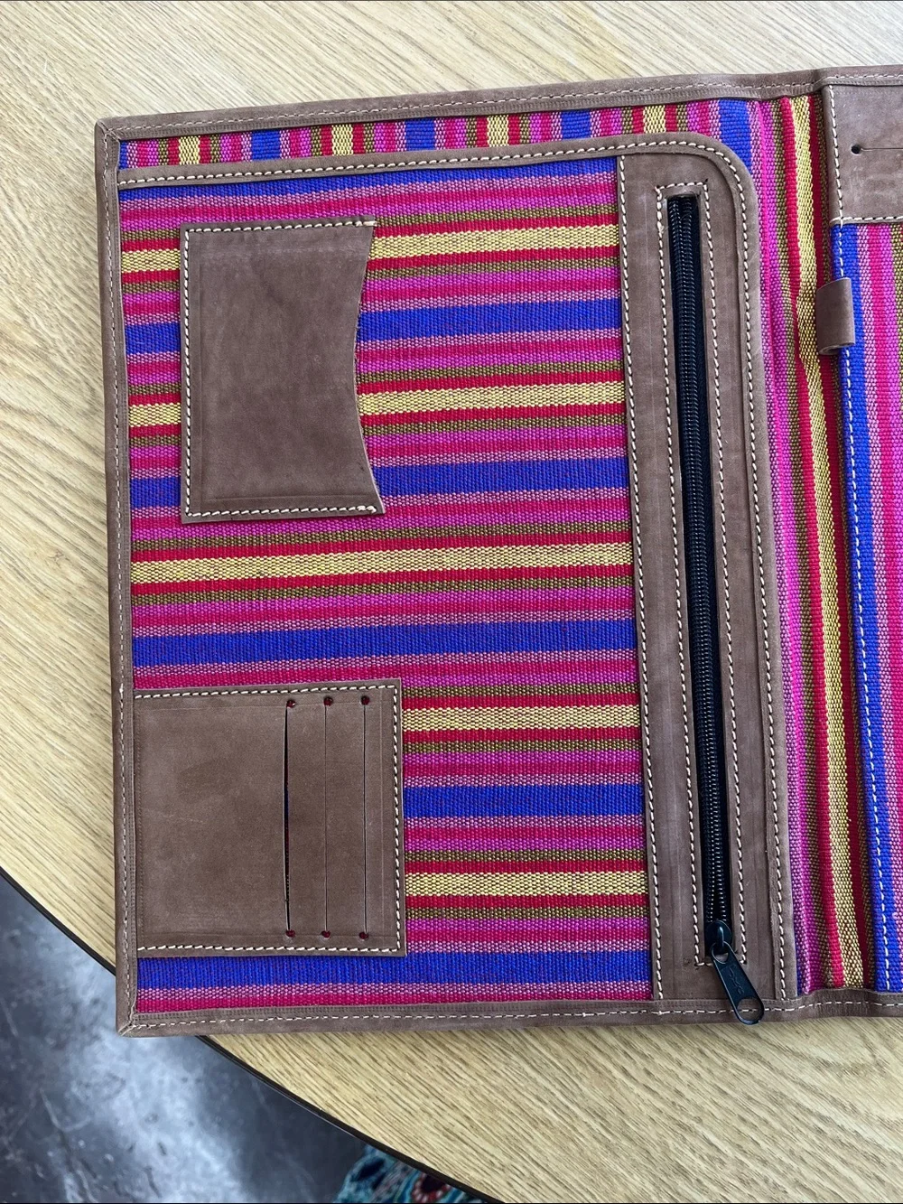 Striped Fabric and Leather Snap-Closure Portfolio